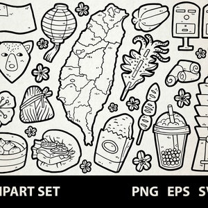 Tajwan/cyfrowa grafika liniowa Doodle/EPS, SVG, PNG/Tajpej, Azja, herbata bąbelkowa, Gua Bao, nocny targ/clipart do użytku komercyjnego