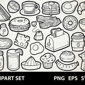 Desayuno / Gráficos digitales Lineart Doodle / EPS, SVG, PNG / Cereal, Brunch, Café, Huevo, Tocino, Rollos / Clipart para uso comercial