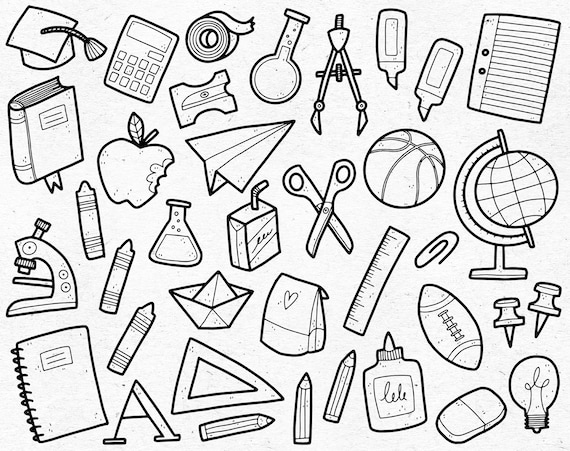Bundle of 37 Back to School Line Art Doodles / Digital Clip Art Graphics /  SVG, PNG, EPS vector / Doodled Illustrations for Commercial Use 