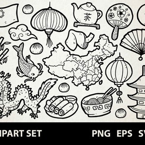 China / Digital Clip Art Graphics / SVG, PNG, EPS / Asia, Traditional, Beijing, Shanghai / Doodled Line Art Illustrations for commercial use