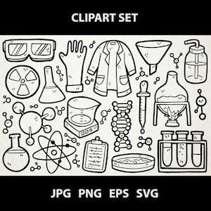 Può includere: Set di clipart in bianco e nero con attrezzature da laboratorio scientifico. Include camice da laboratorio, becher, occhiali, guanti, modelli atomici e una catena di DNA. Il testo "CLIPART SET" è in alto e "JPG PNG EPS SVG" in basso.