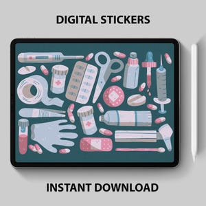 May include: A digital illustration of a set of medical themed stickers. The stickers include a thermometer, bandages, pills, a syringe, a tube of ointment, a pair of scissors, and a roll of gauze. The stickers are in a variety of colors, including pink, blue, and green.