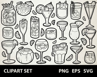 Könnte beinhalten: Ein Set mit 15 Schwarzweiß-Zeichnungen verschiedener Cocktails und Getränke. Die Zeichnungen umfassen eine Margarita, einen Martini, einen Daiquiri, einen Mojito, einen Mimosa, einen Cosmopolitan, eine Piña Colada, einen Moscow Mule, einen Long Island Iced Tea, einen Screwdriver, einen Tequila Sunrise, einen Bloody Mary, einen Whiskey Sour, einen Gin Tonic und einen Rum und Cola.