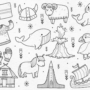 Islande / Digital Graphics / Reykjavik, Scandinavie, cheval islandais, macareux, phoque / EPS, SVG, PNG / Clipart pour un usage commercial