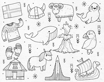 Iceland Line Art Doodles / Digital Clip Art Graphics / Reykjavik, Scandinavia / SVG, PNG, EPS (Vector) / Illustrations for commercial use