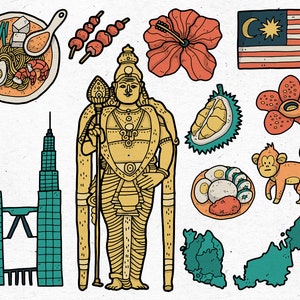 May include: A colorful illustration of Malaysian culture, featuring the Petronas Towers, a traditional Hindu deity, a durian fruit, a Rafflesia flower, a monkey, a bowl of noodles, a flag of Malaysia, and a map of Malaysia.