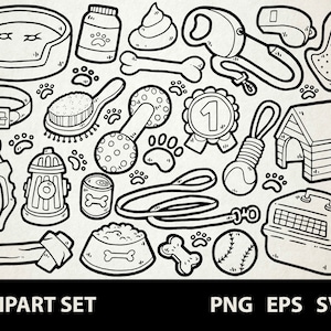 Dog Care / Digital Clip Art Graphics / SVG, PNG, Eps / Dogs, Puppies, Pet, Dog Supplies / Doodled Line Art Illustrations for commercial use