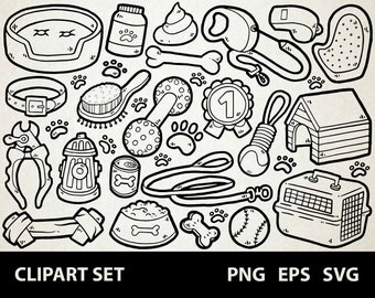 May include: Black and white line art clipart set of dog accessories.  The set includes a dog bed, leash, collar, bone, food bowl, water bowl, dog house, dog crate, dog toy, dog brush, dog treat, dog paw print, and a dog whistle.