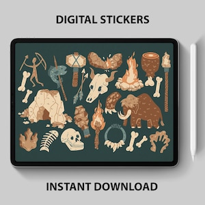 Pode incluir: Uma folha de adesivos digitais com fundo verde que apresenta ilustrações de animais pré-históricos, ferramentas e objetos. Os adesivos incluem um mamute, uma caverna, uma caveira, uma fogueira, uma lança, um osso e uma pegada.