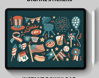 4th of July Digital Stickers - Patriotic Planner & Journal Decorations, USA Independence Day Clipart, Printable Sticker Set