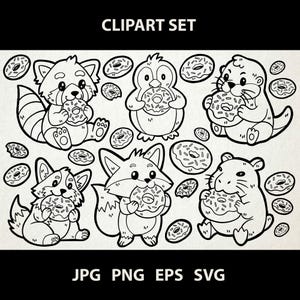 Animaux avec des donuts | Jpg, PNG, Eps, Svg | Vectoriels Dessins Au Trait Numérique | Renard, capybara, corgi, loutre, pingouin, panda roux
