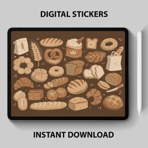 Pegatinas digitales de pan: panadería, repostería y más, imágenes prediseñadas para GoodNotes y planificadores digitales: alimentos, repostería y masa madre PNG
