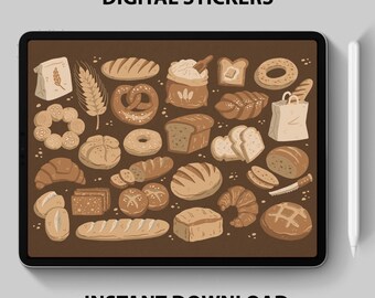 May include: A digital sticker sheet featuring various types of bread, including loaves, rolls, pretzels, and pastries. The stickers are illustrated in a cartoon style with a brown background. The text "DIGITAL STICKERS" is at the top of the sheet and "INSTANT DOWNLOAD" is at the bottom.