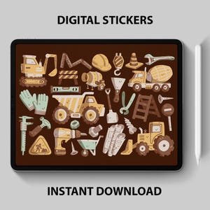 Peut inclure: Une feuille d'autocollants numériques sur fond brun avec des illustrations sur le thème de la construction. Les illustrations comprennent un bulldozer jaune, un camion à benne basculante jaune, une bétonnière jaune, une échelle, une pelle, une clé à molette, un niveau à bulle, une boîte à outils, une perceuse, une brouette, un panneau d'arrêt, un cône de signalisation, une paire de gants de travail et un panneau d'avertissement pour les travailleurs du bâtiment.