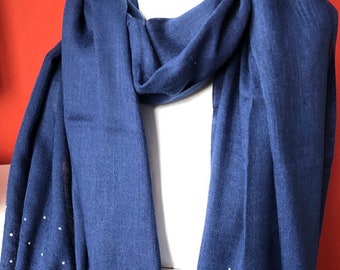 Navy blue scarf with diamonte design, long tassel fringe, bn