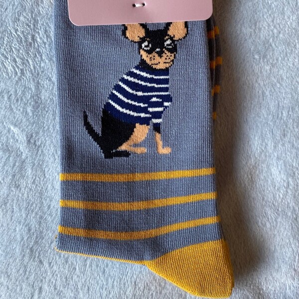 Pair of chihuahua  bamboo socks in grey with mustard stripes and trim, sustainable, antibacterial