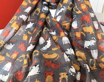 Pretty Ginger, Tan and white cats design on grey scarf, bnwt Miss Sparrow brand