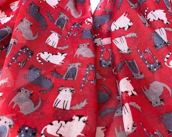 Pretty light grey and dark grey and white cat pattern on red scarf, bnwt