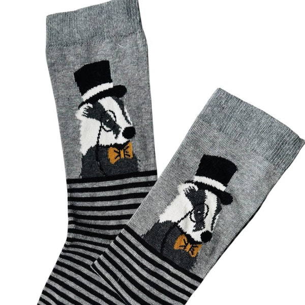 Chaussettes grises pour hommes avec motif blaireau, bnwt, cadeau, cadeau, anniversaire, Noël, fête des pères, bas de Noël