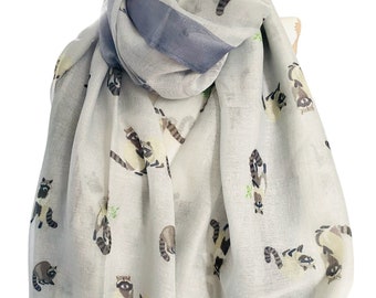 Cute grey raccoon design on grey scarf, bnwt