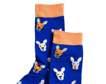 Ladies socks with cute kangaroo face design on blue with coral trim, bn, gift, present, birthday