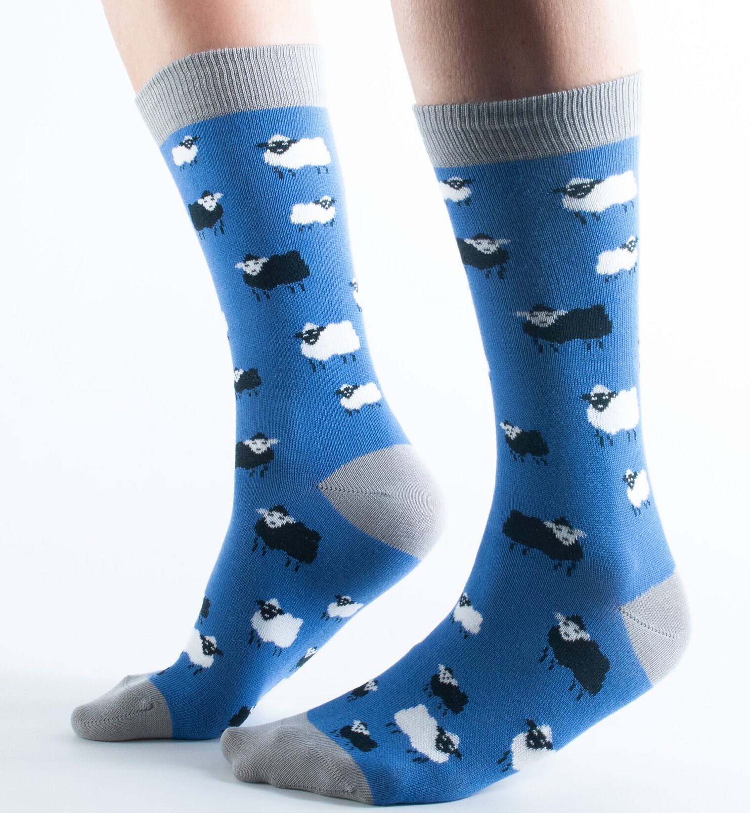 Image of Black & White Sheepdog Design On Ladies Bamboo Blue Socks With Grey Trim, Bnwt