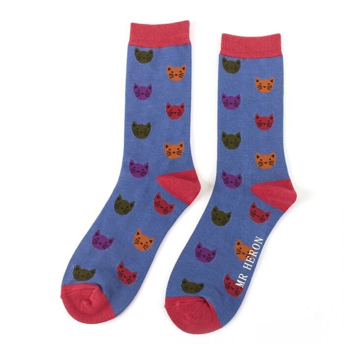 Image of Men's Bamboo Socks With Cat Face, Blue Red Trim, Bnwt, Sustainable, Antibacterial
