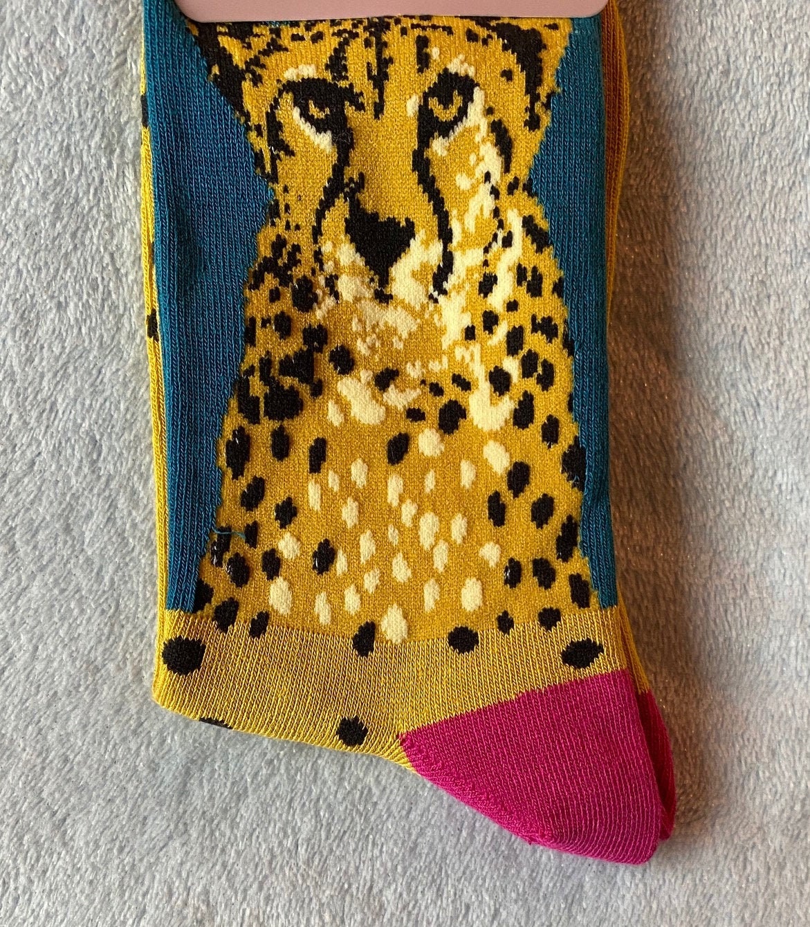 Image of Beautiful Cheetah Design On Teal & Mustard Bamboo Socks With Pink Trim, Sustainable, Antibacterial