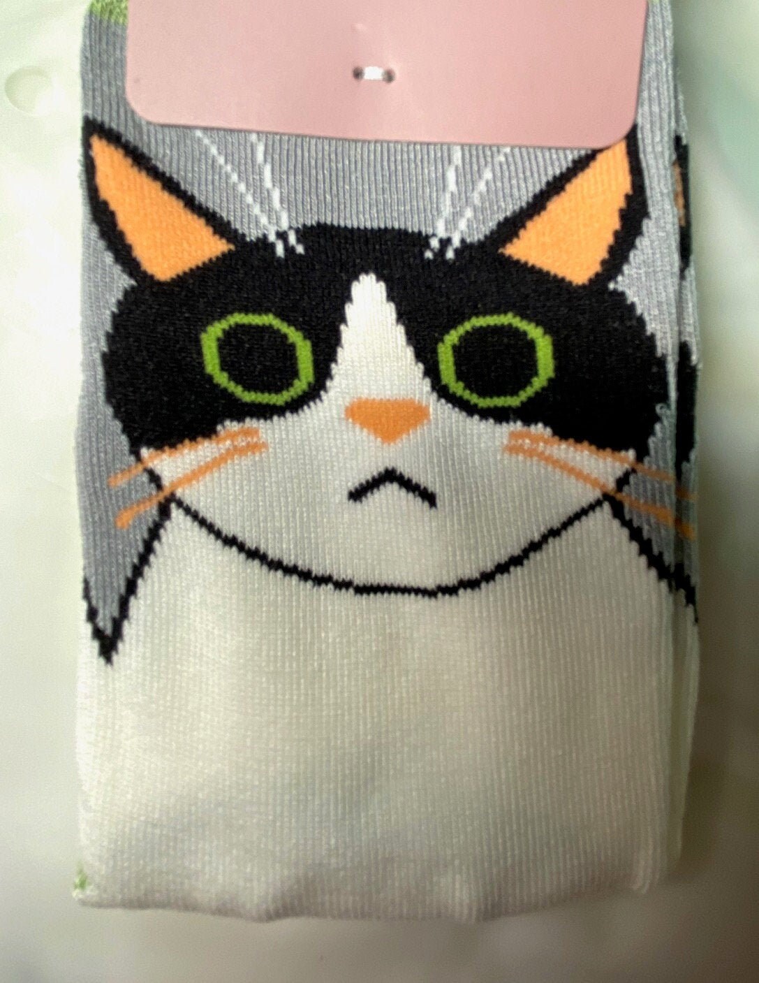 Image of Black & White Cat On Ladies Bamboo Socks, Silver Grey With Green Trim, Bnwt Sustainable, Antibacterial
