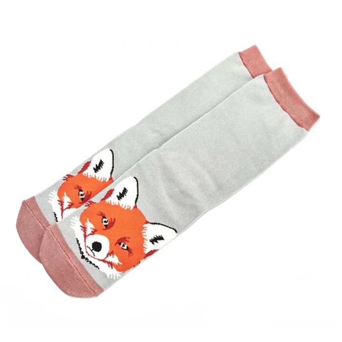 Image of Ladies Fox Face Bamboo Socks, Grey With Mustard Trim, Bnwt, Sustainable, Antibacterial