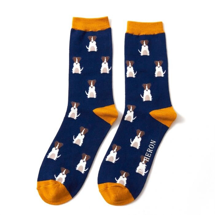 Image of Men's Jack Russell Bamboo Socks, Navy With Mustard Trim, Bnwt, Sustainable, Antibacterial