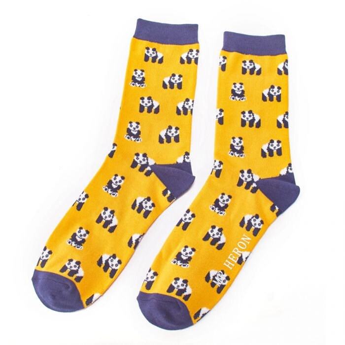 Image of Men's Bamboo Panda Socks, Yellow With Black Trim, Bnwt, Sustainable, Antibacterial