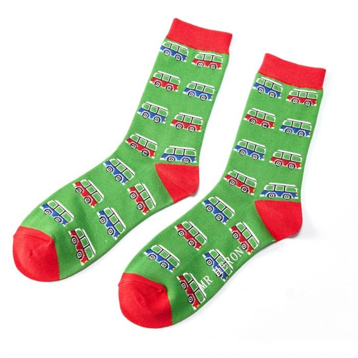 Image of Pair Of Cute Campervan Men's Bamboo Socks in Green With Red Trim, • Sustainable Antibacterial Hypoallergenic Super Soft