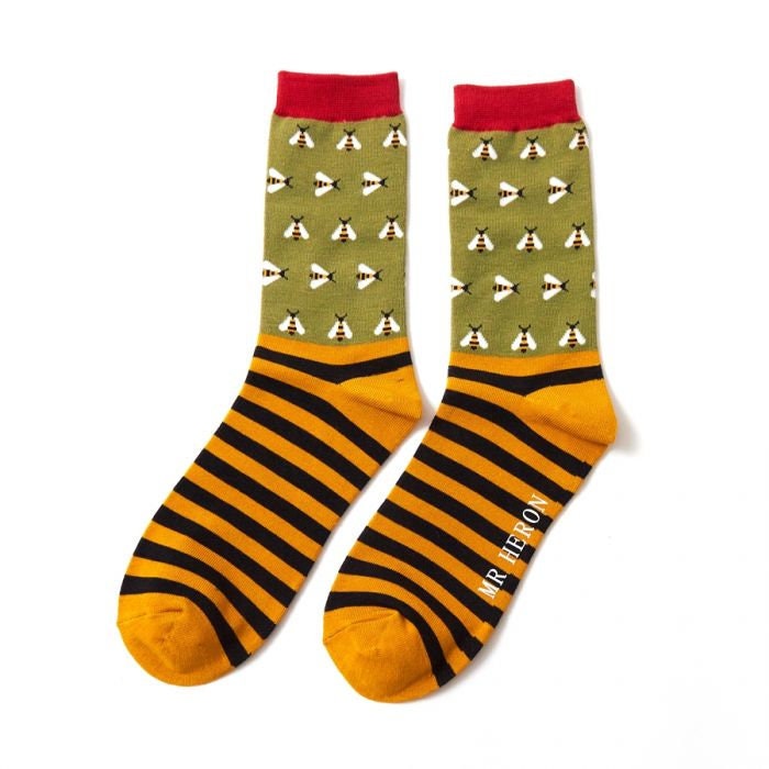 Image of Men's Bamboo Bee Socks, Green With Yellow & Black Stripes, Bnwt Sustainable, Antibactierial