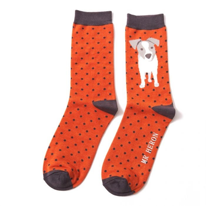 Image of Pair Of Men's Jack Russell Bamboo Socks in Orange With Grey Spots & Trim, Sustainable • Antibacterial Hypoallergenic