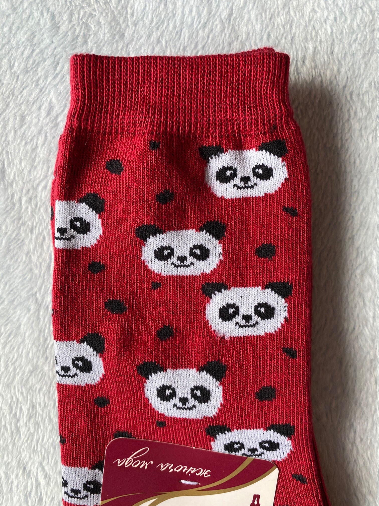 Image of Black & White Panda Face On Dark Red Socks, Bnwt