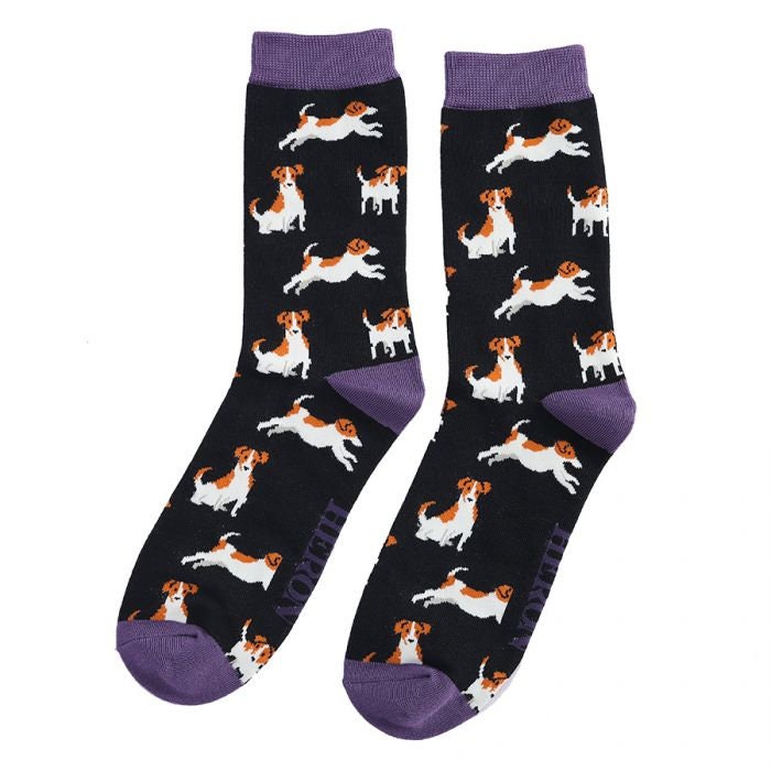 Image of Men's Cute Jack Russell Design Bamboo Socks, On Black With Purple Trim, Bnw Sustainable, Antibacterial