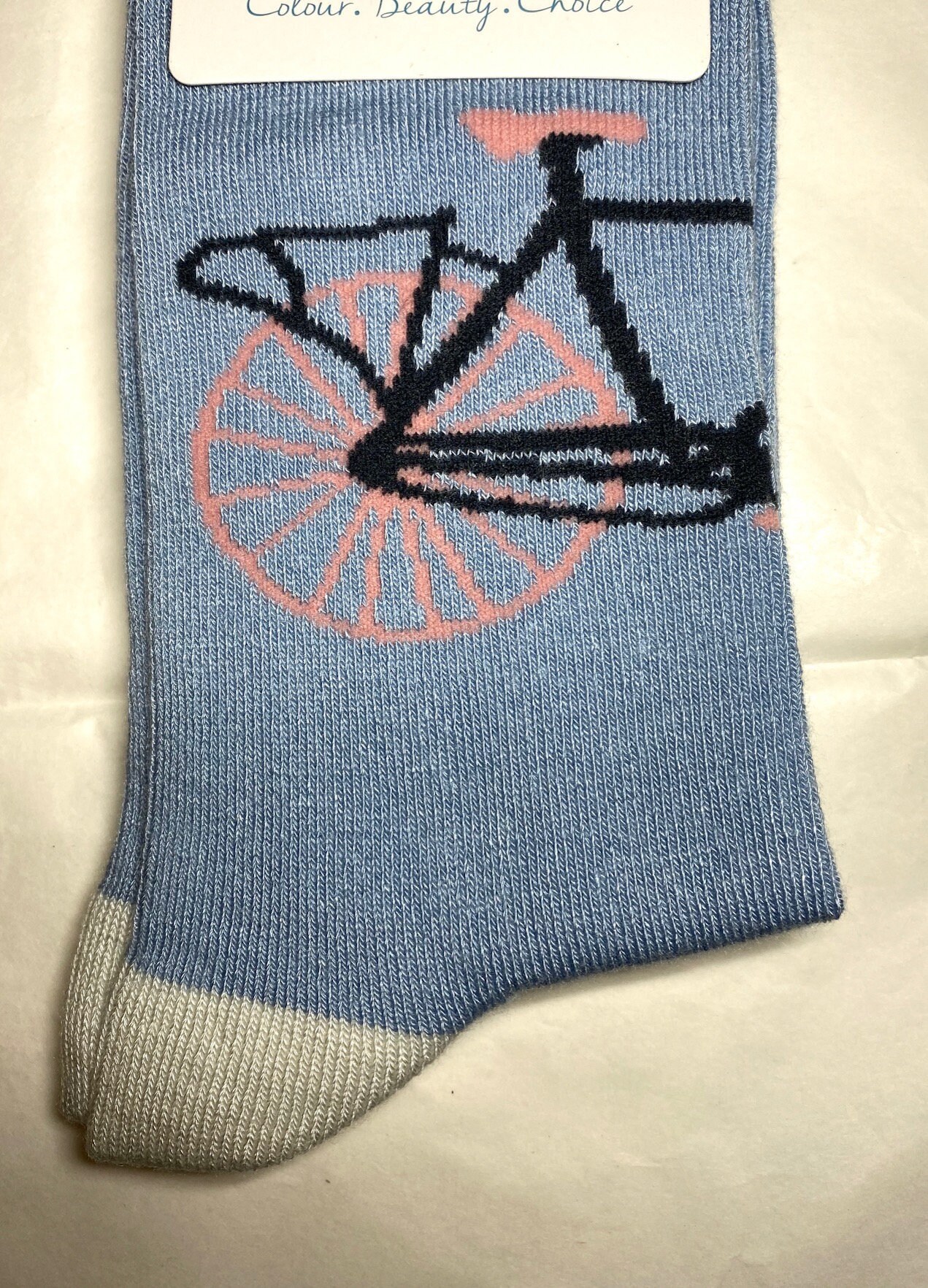 Image of Black & White Bicycle Design On Blue Ladies Bamboo Socks With Trim, Bnwt
