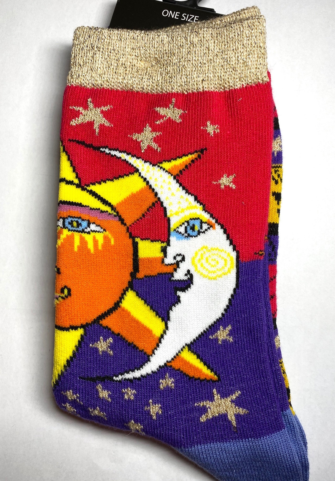 Image of Astrology, Sun & Moon Multicolour Socks With Glitter Stars Trim, Bnwt