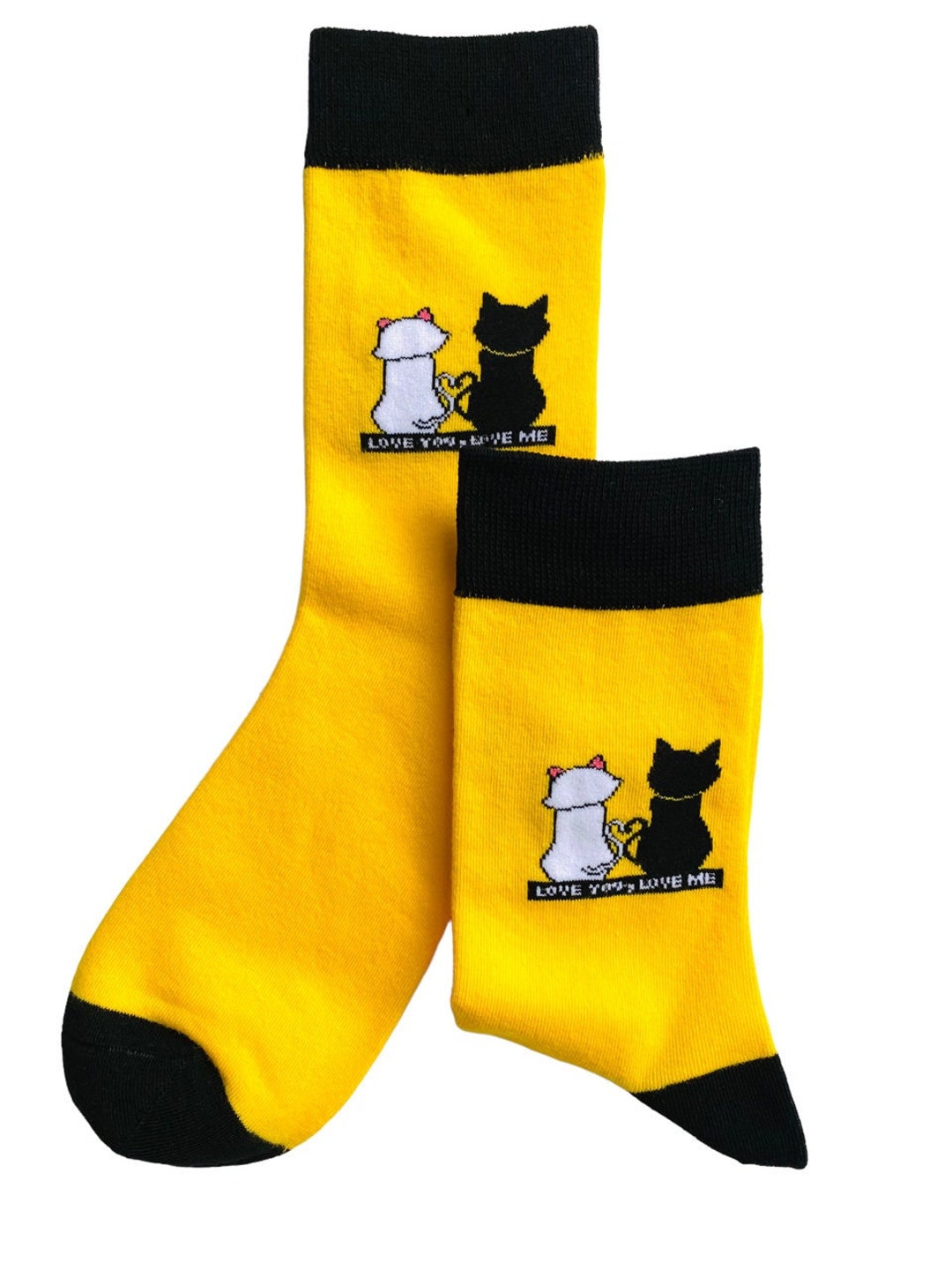 Ladies cat socks, white and black cat on yellow with black trim, bn ...