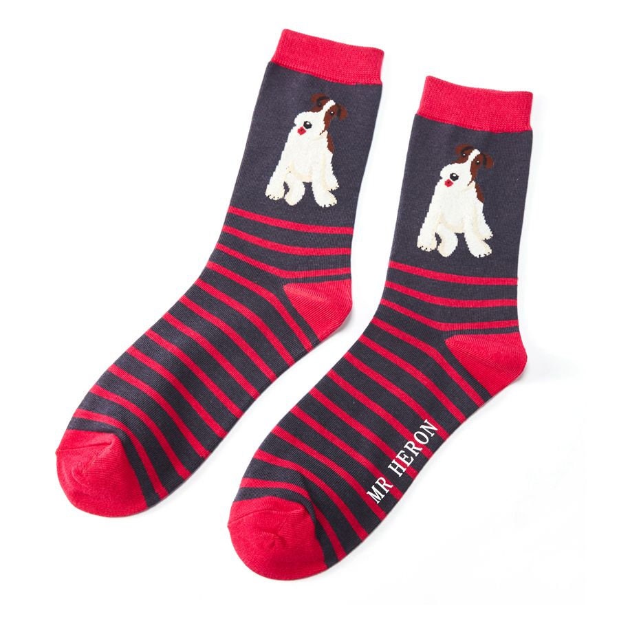 Image of Men's Fox Terrier Bamboo Socks On Navy Blue With Raspberry Trim, Bnwt, Sustainable, Antibacterial