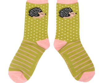 Lasies bamboo socks with cute hedgehog design on olive green with prik trim, bnwt, gift, present