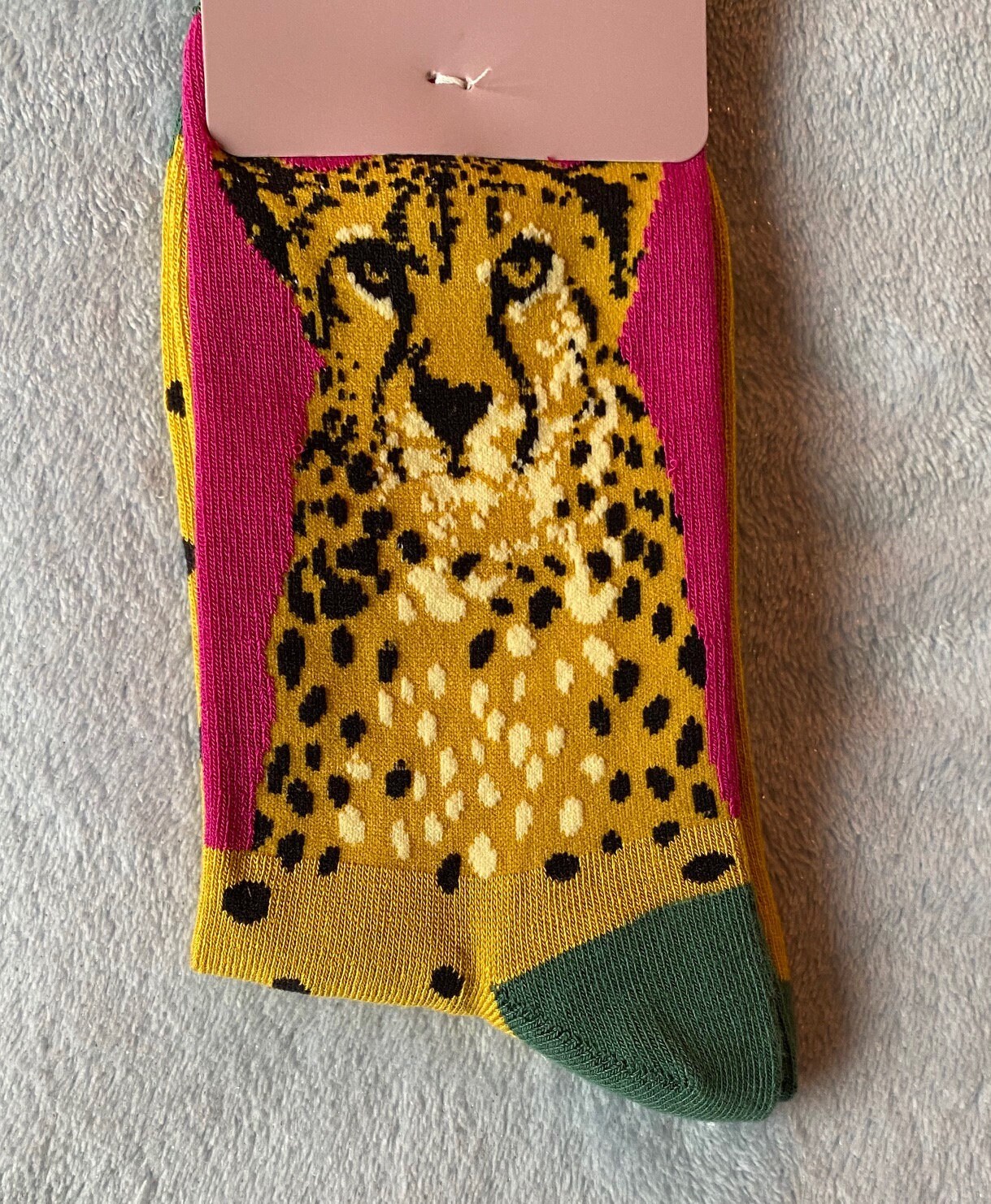 Image of Beautiful Cheetah Design On Pink & Mustard Bamboo Socks With Teal Trim, Sustainable, Antibacterial