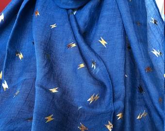 Gold foil lightening design on air force blue scarf, brand new