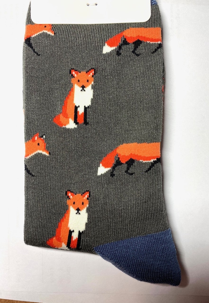 Image of Men's Bamboo Socks With Cute Fox Design, Charcoal Grey Trim, Bnwt, Sustainable, Antibacterial