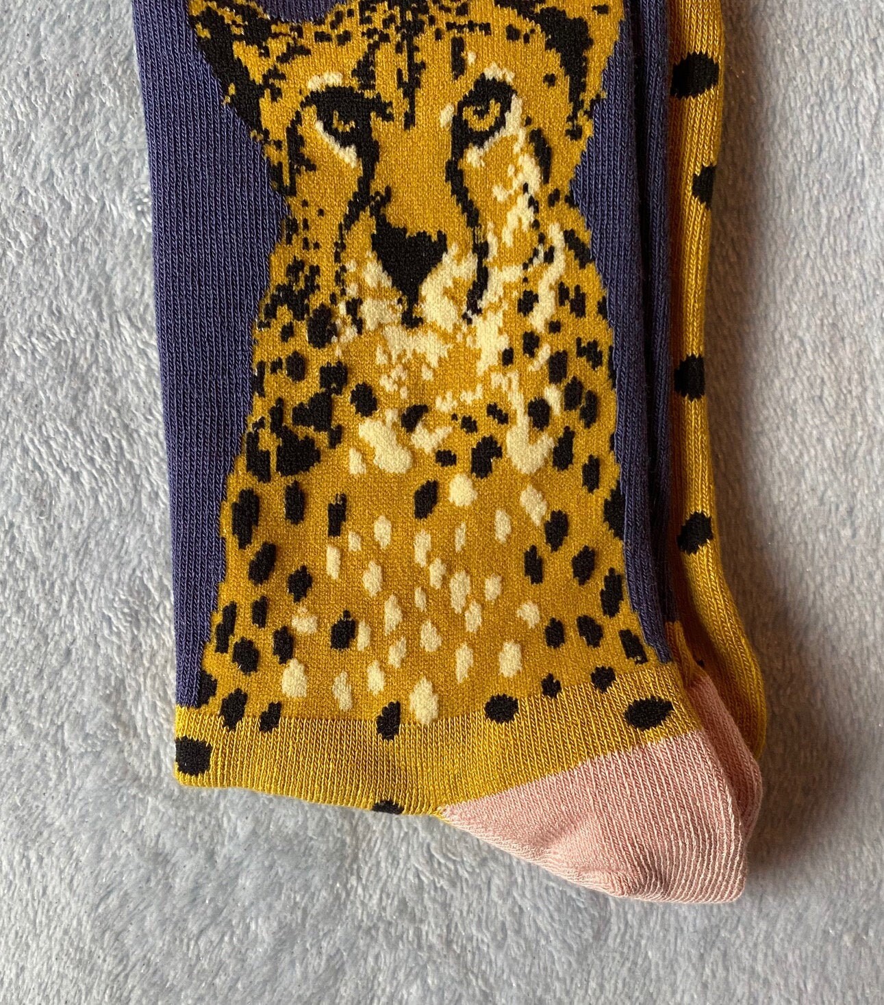 Image of Beautiful Cheetah Design On Blue & Mustard Bamboo Socks With Pink Trim, Sustainable, Antibacterial