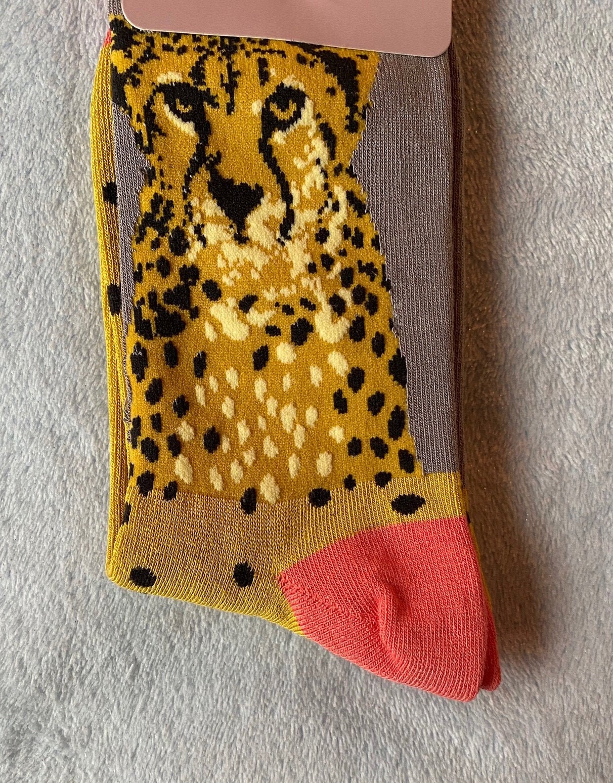 Image of Beautiful Cheetah Design On Grey & Mustard Bamboo Socks With Coral Trim, Sustainable, Antibacterial