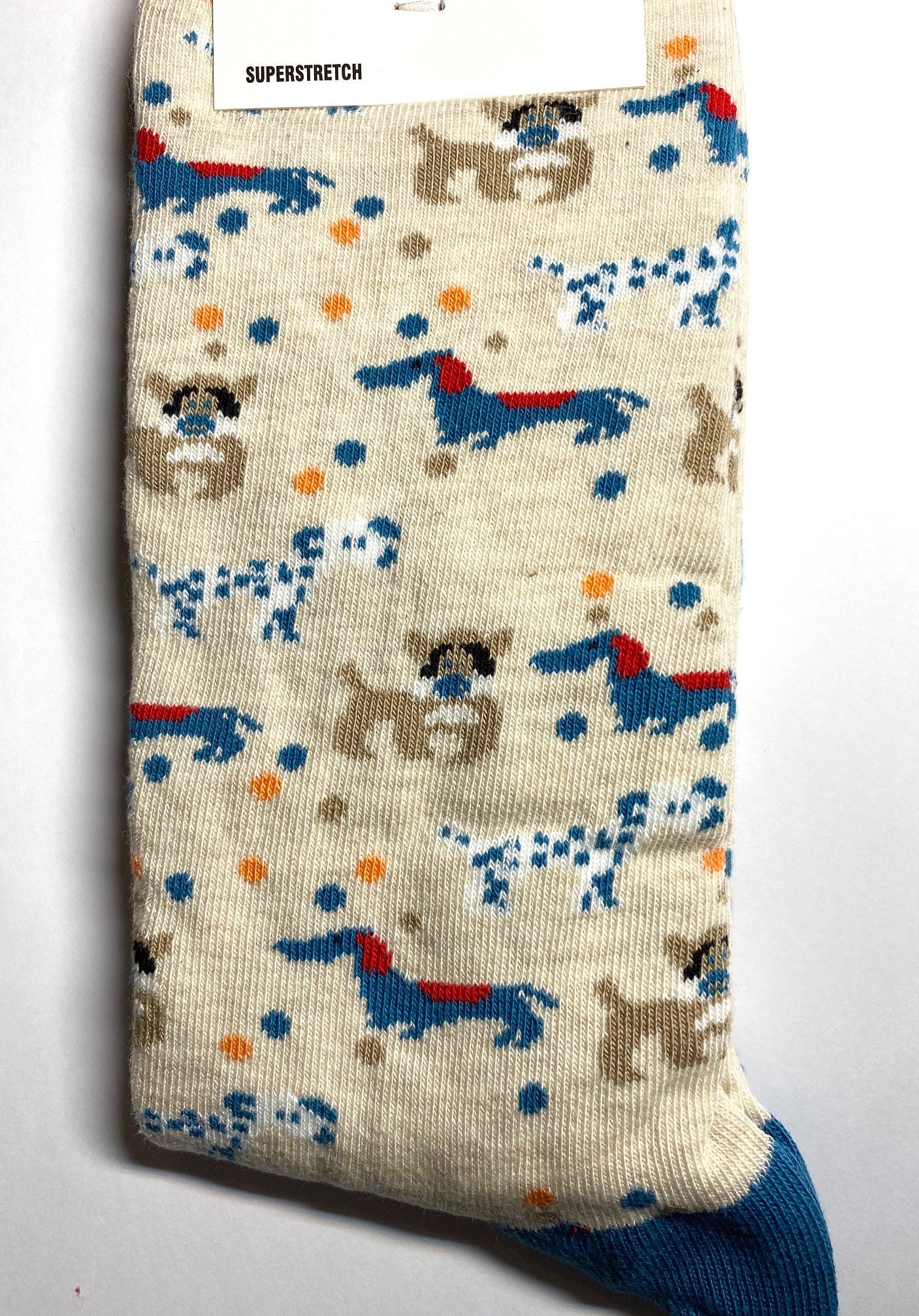 Image of Men's Multibreed Dog Design Socks On Beige With Red/Orange/Teal Trim, Bnwt