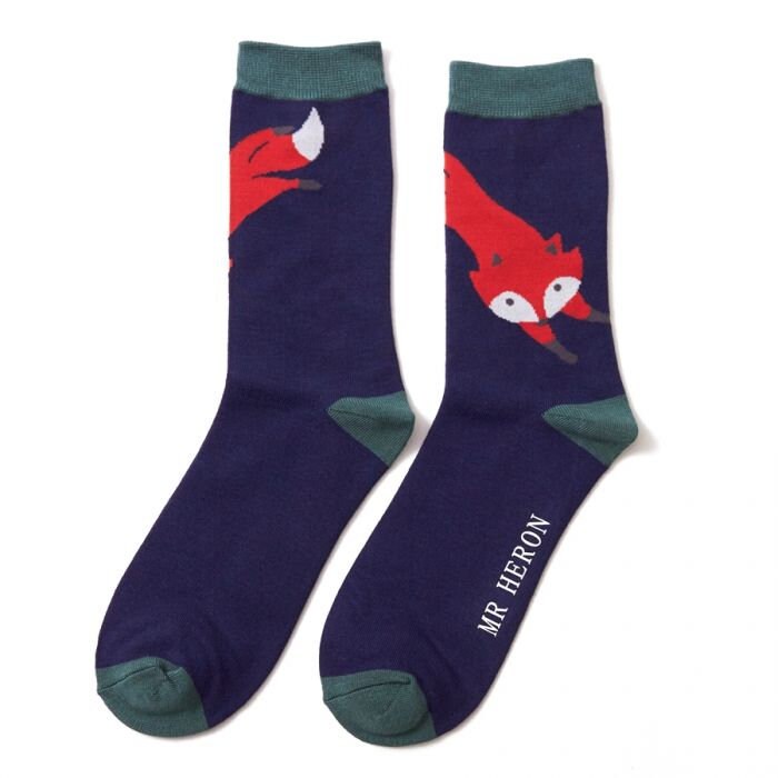 Image of Pair Of Fox Design On Navy Men's Bamboo Socks With Teal Trim, Bnwt, Sustainable, Antibacterial