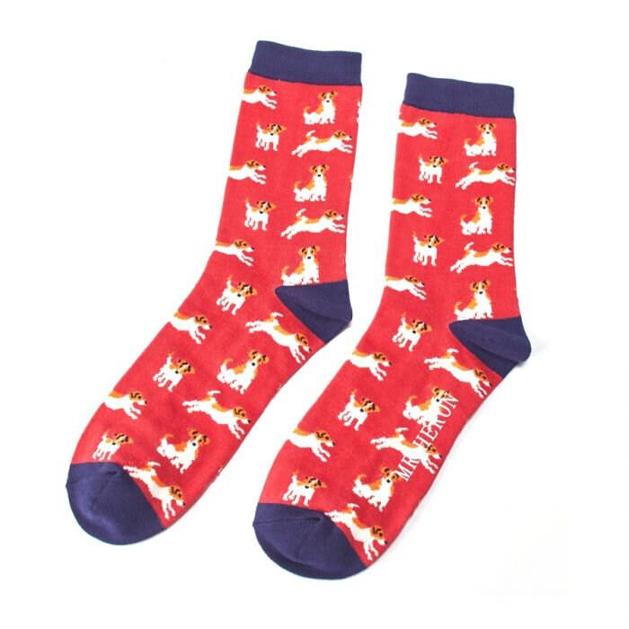 Image of Men's Jack Russell Bamboo Socks, Red With Navy Trim, Bnwt, Sustainable, Antibacterial
